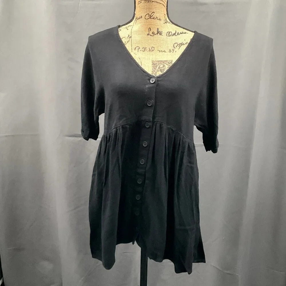 Urban Outfitters Dress Women Small Black‎ Button Up Linen Cuff Sleeve Tunic Mini